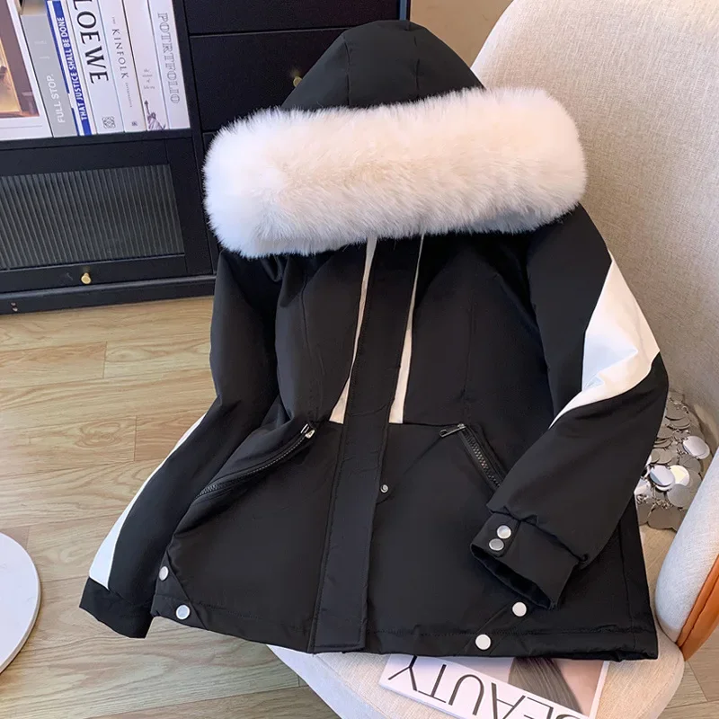 2024 Winter New Style Korean Color Blocking Large Collar Fleece Lined And Thickened Pekin Coat Jacket Medium-Length Cotton Coat