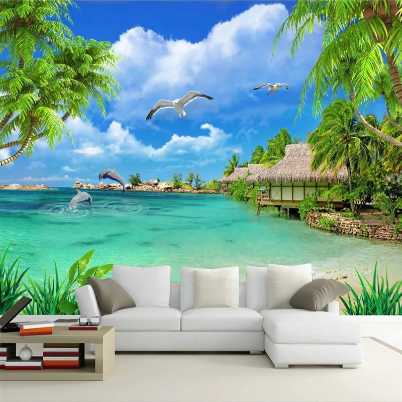 Customized products 3D Photo Wallpaper blue Beach Sea View Coconut Trees Scenery Living Room Sofa TV Background Mural bedroom 8d