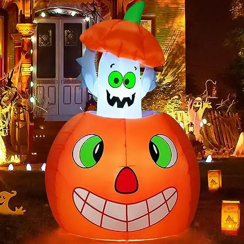 5 FT Animated Halloween Inflatables Pumpkin Ghost Outdoor & Indoor Party Garden Lawn Decor with Built-in LEDs New Arrival