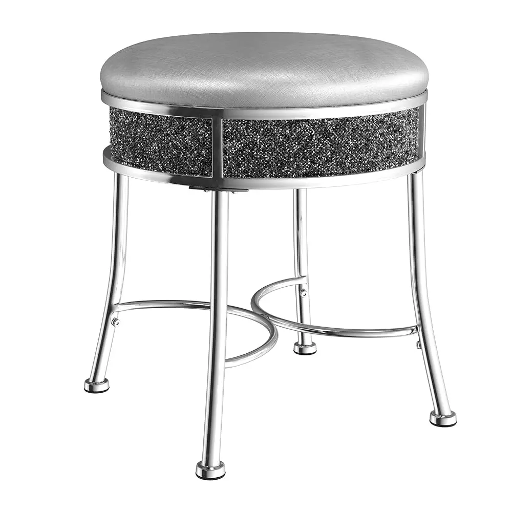 

, Roma Glam Backl Metal Vanity Stool With Faux Diamond Cluster For Makeup Room Or Bathroom, Silver