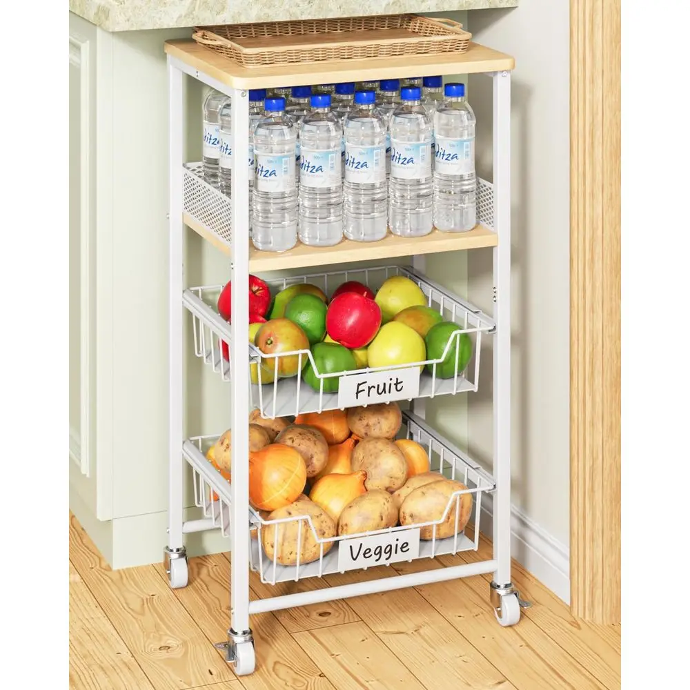 

4-Tier Rolling Kitchen Cart with Wooden Rack and Wire Baskets for Vegetables, Fruits, and Snacks, White