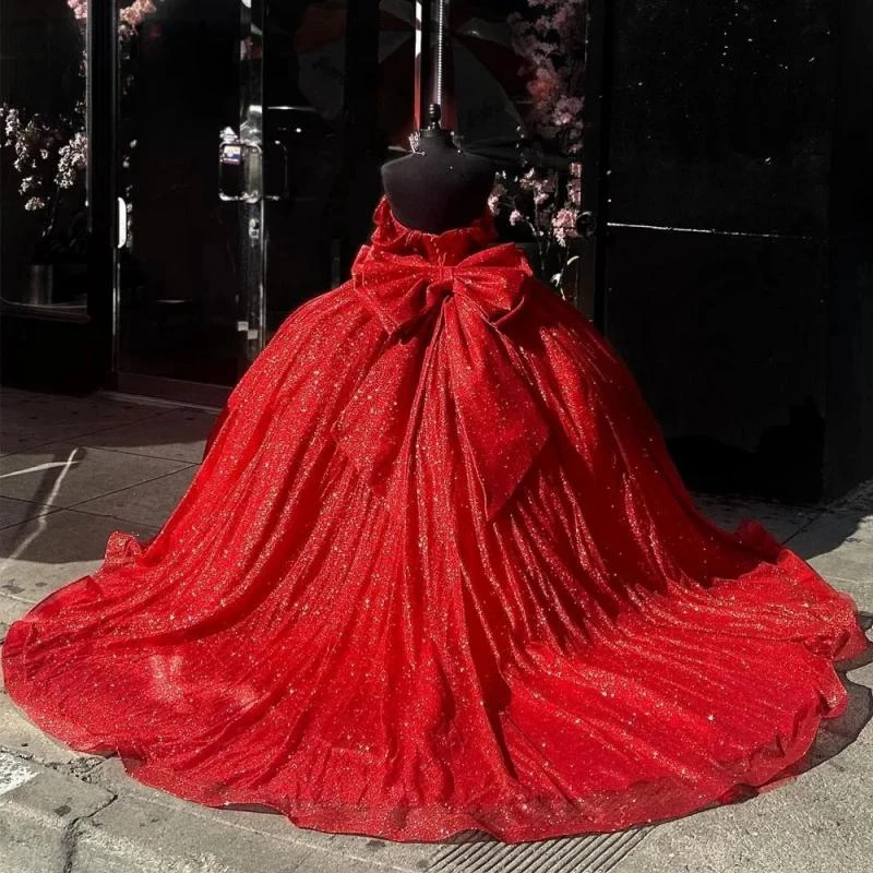 Red Glitter Crystal Beading Ball Gown Quincenara Dresses Off The Shoulder Bow Corset Sweet 16 Vestidos De XV Años