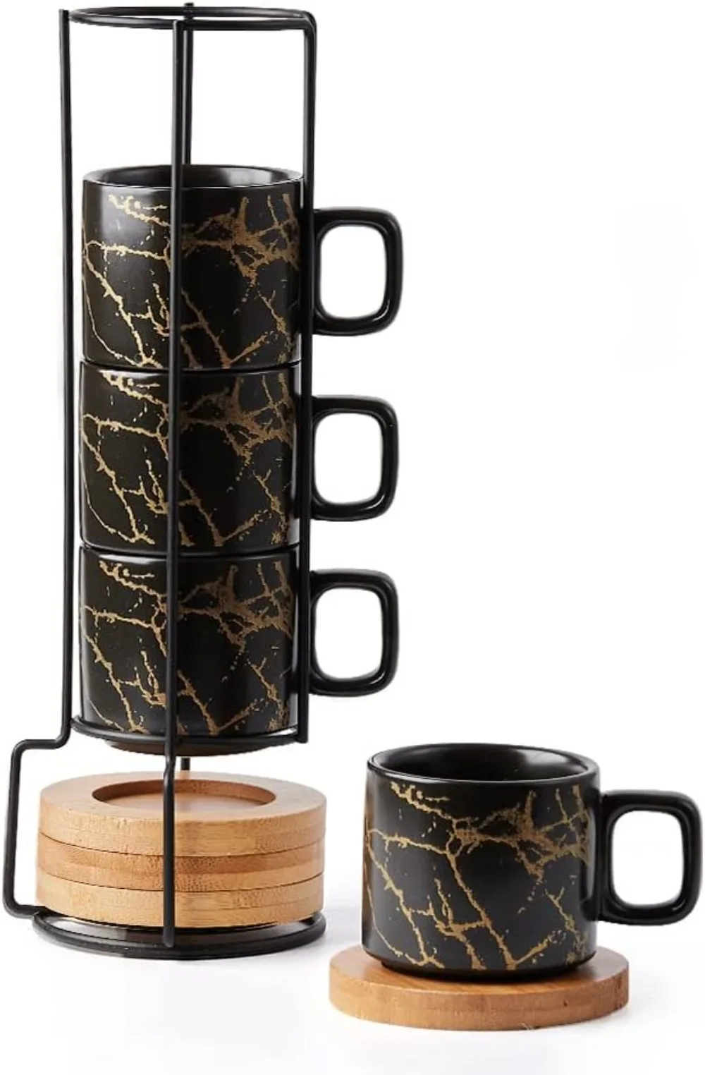 

4-Ounce Stackable Porcelain Espresso Cup Set with Saucers and Metal Stand for Coffee, Tea, and Latte (Set of 4)