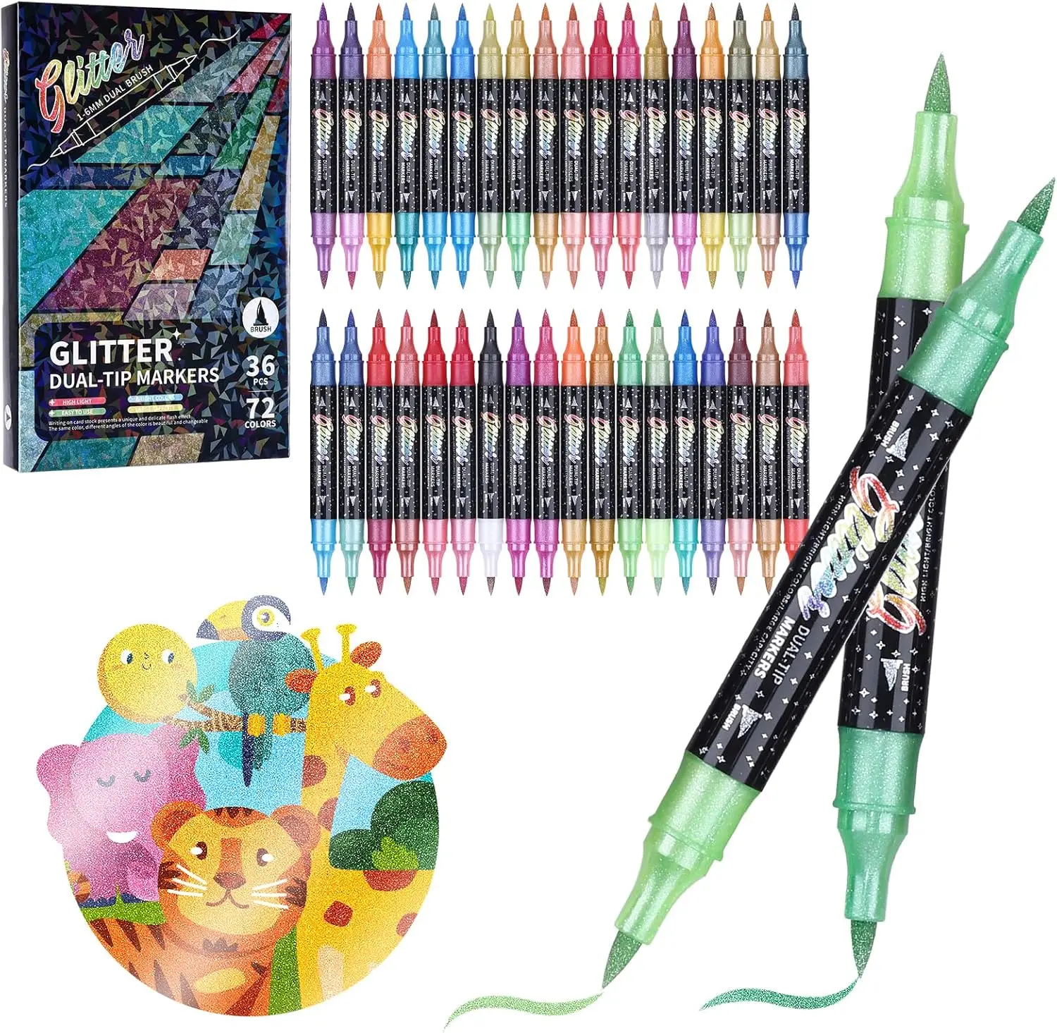 

72 Colors Dual Tip Glitter Markers Set, Brush & Fine Tip, Sparkle Pens for Art, DIY Crafts, Scrapbooking, Adult Coloring