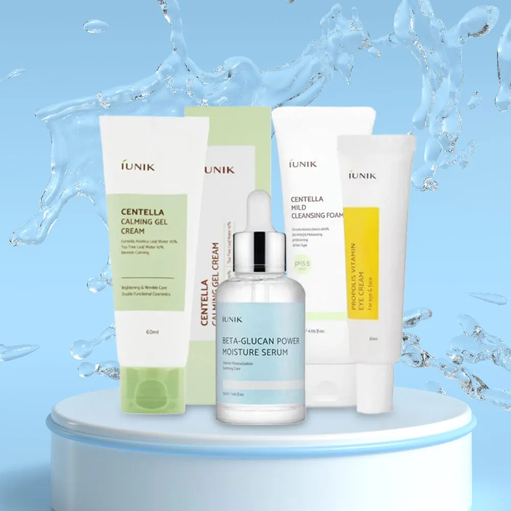 Juego de cuidado de la piel coreano IUNIK Beta-Glucano Centella Asiatica, limpiador Facial y Gel hidratante, crema de ojos de propóleo para reducir las líneas finas