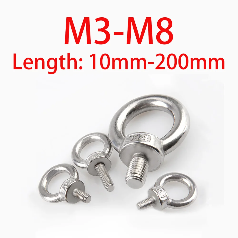 10mm-200mm 304 Stainless Steel Marine Lifting Eye Screws M3 M4 M5 M6 M8 Lifting Eye Screw Ring Eye Bolt Ring Hooking Screw