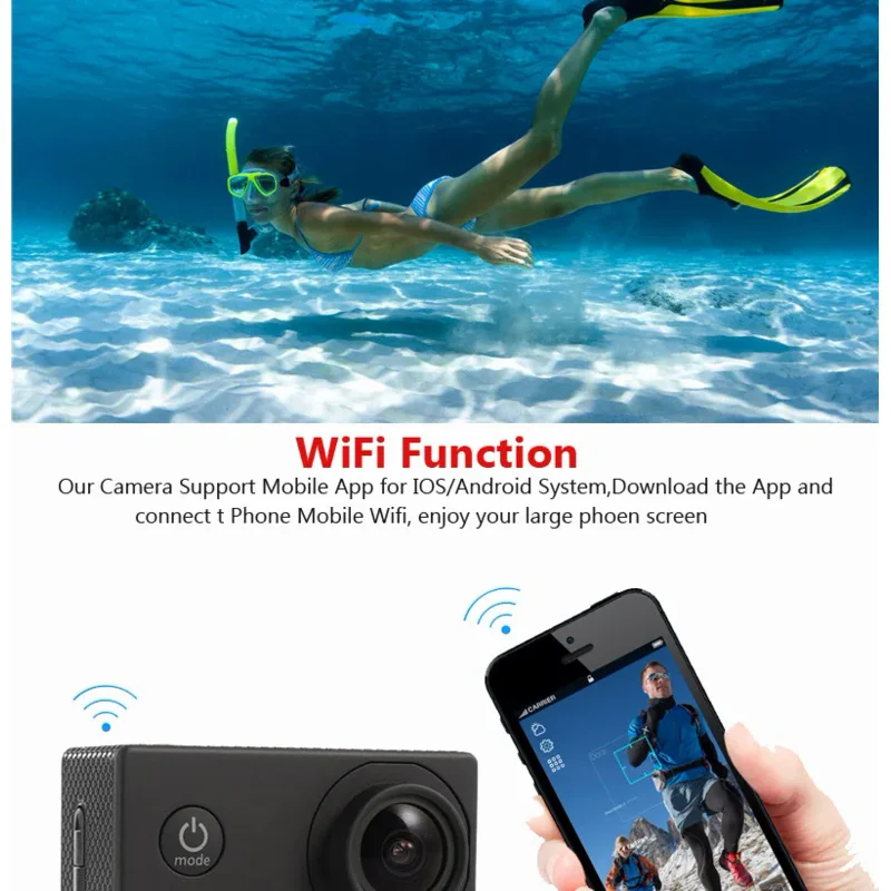 Portable Action Camera Ultra HD 4K/30fps WiFi 2.0-Inch 170D Underwater Waterproof Helmet Video Recording Camera Remote Sport Cam