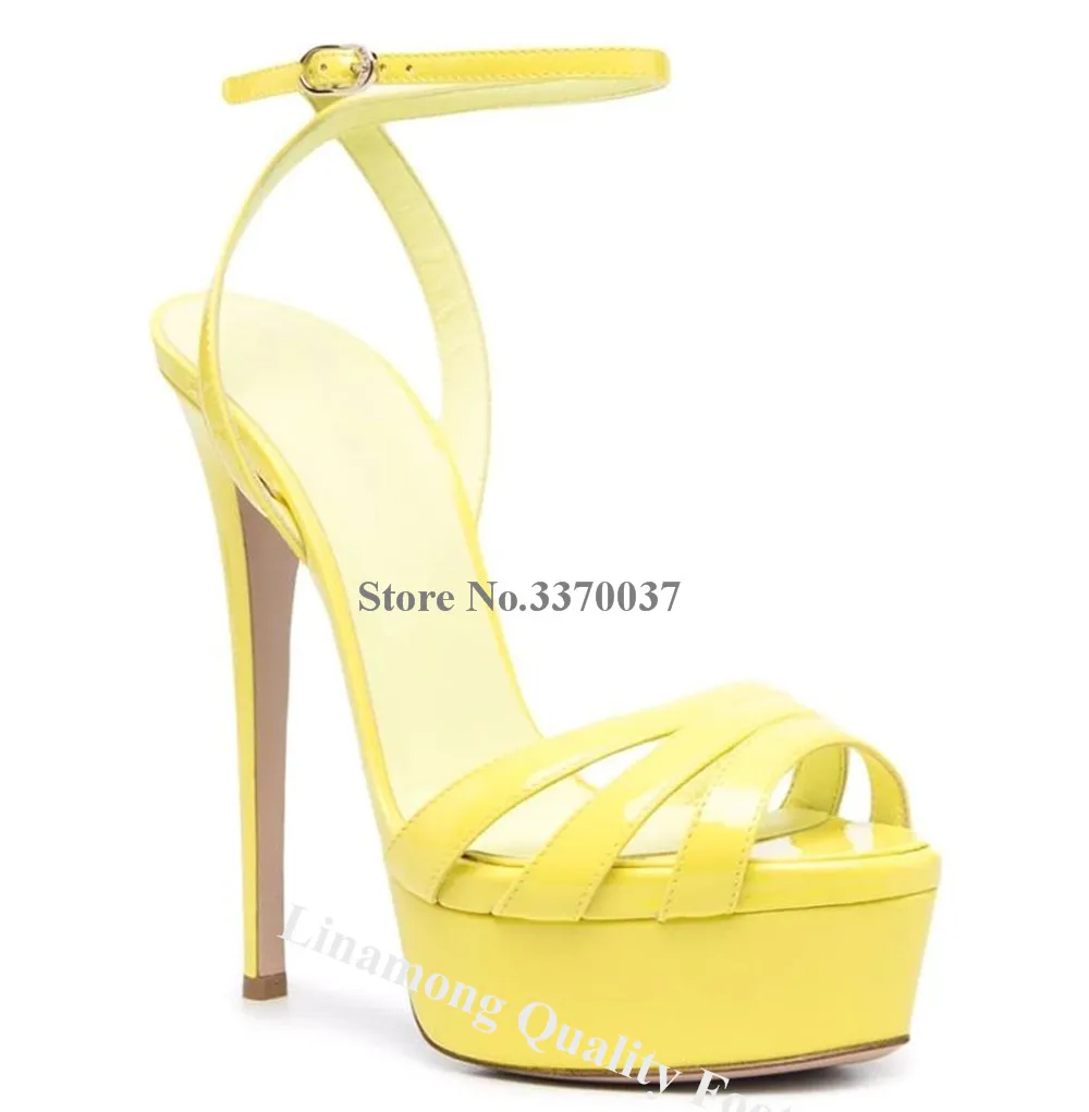 Linamong Sexy Straps Cross High Platform Stiletto Heel Sandals Peep Toe Green Yellow Pink Patent Leather Thin Heel Dress Shoes