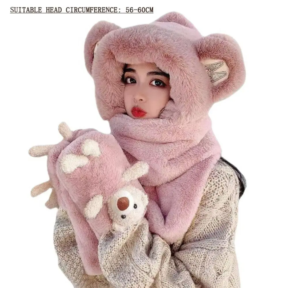 موضة سميكة قبعة وشاح قفازات مجموعة لطيف الدب الأذن شتاء دافئ النساء بيني قبعة الصوف مبطن وسميكة قبعة الدراجات