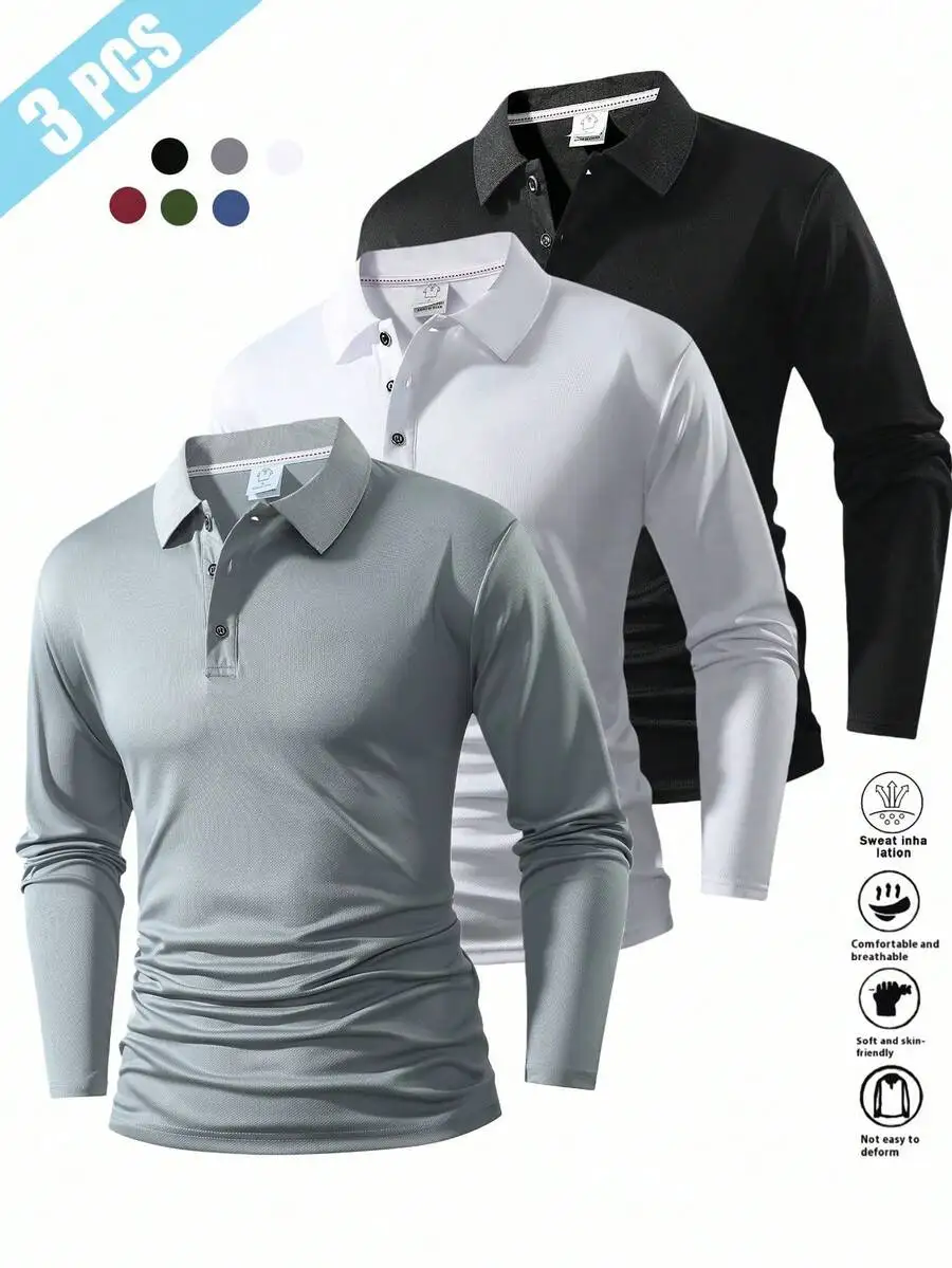 

3-Pack Men's Breathable Long Sleeve Polo Shirts for Casual, Fitness, Golf