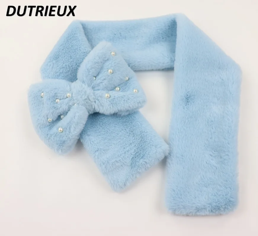 Bow Sweet Solid Color Scarf Japanese Plush Imitation Rabbit Fur Winter New Cute Girl Warm Long Bead Scarf Accessories