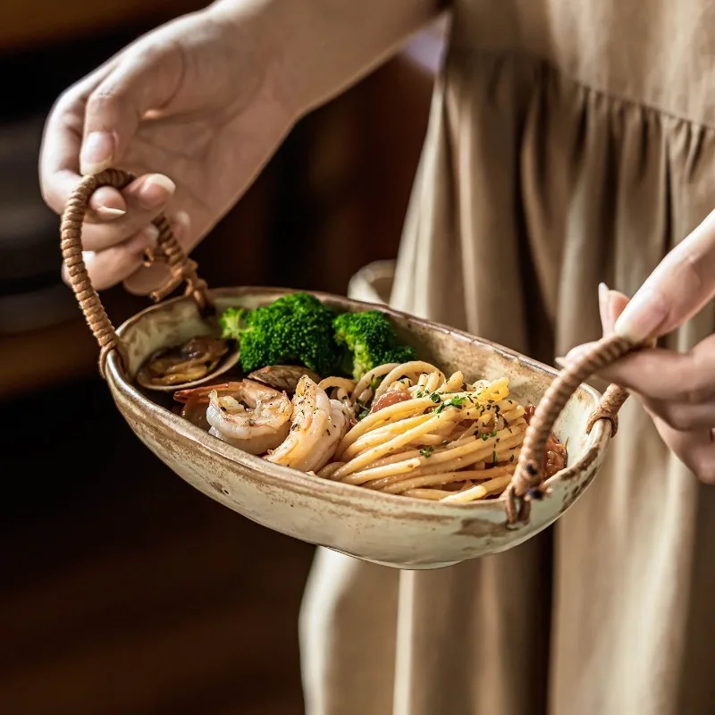 

Double-eared Bowls Made of Coarse Clay Rope, Retro Household Tableware, Special Dish Bowls, Fruit Salad Bowls