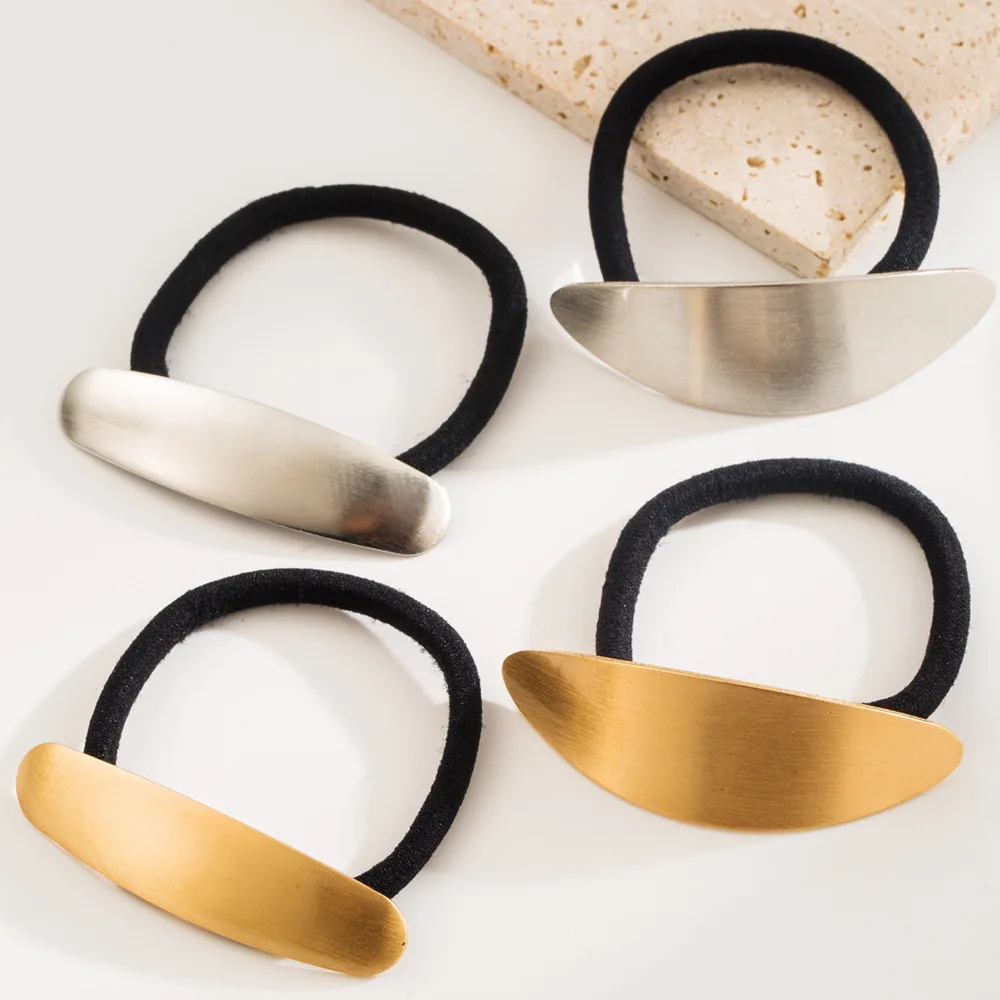 Elegante Fermacoda a Barra Curva in Metallo Oro e Argento Spazzolato, Elastico Nero per Capelli, Accessori Moda per Capelli da Donna