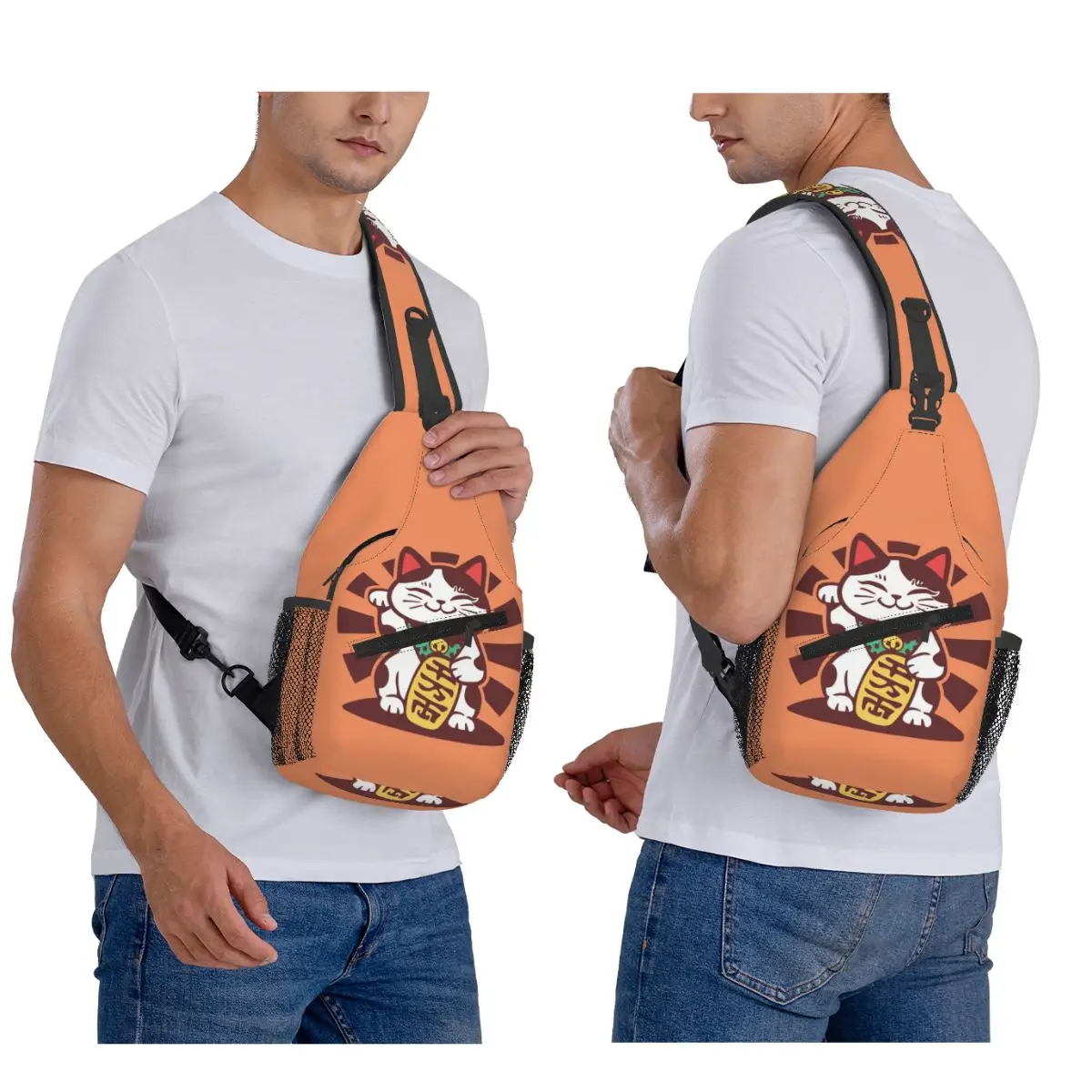

Maneki Neko Taiyaki Lucky Cat With Fish Chest Bag Men Sling Crossbody Backpack Chest Bag Traveling Hiking Daypack Shoulder Bag