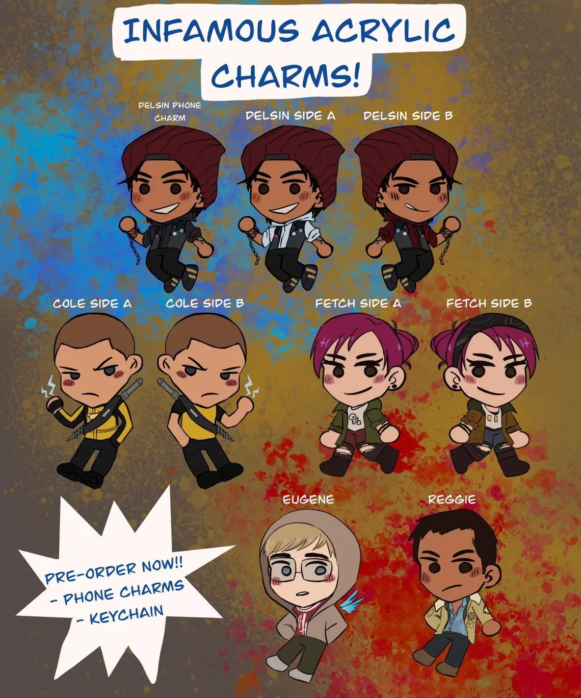 InFAMOUS Second Son - Colgante de acrílico para teléfono - Pre-venta - Coleccionable con personajes de Delsin Rowe, Fetch, Eugene Cole y Reggie