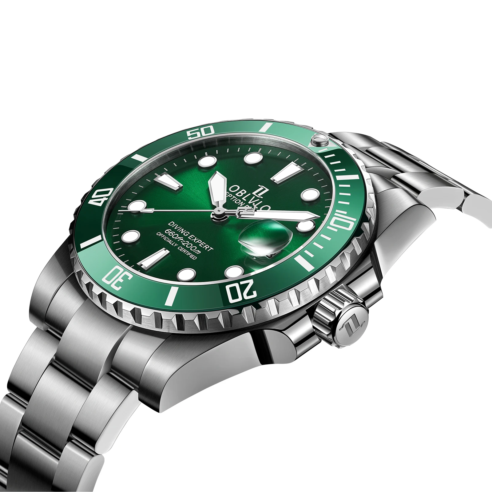 OBLVLO Designer Mens Stainless Steel Green Dial Mechanical Watch Luxury Diving Luminous Automatic Waterproof Classic Watchc DMS