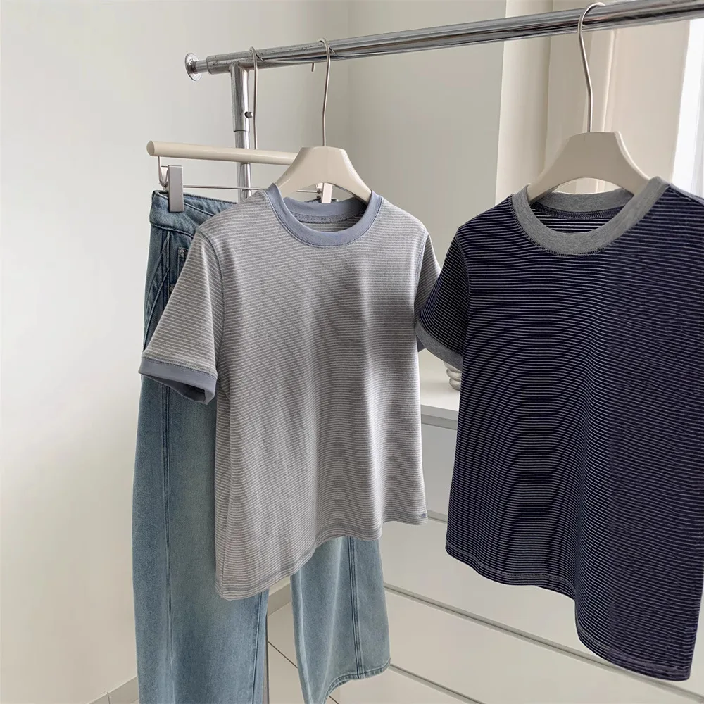 

Striped Slim Fit Round Neck Short Sleeve T-shirt For Petite Women Spring Summer