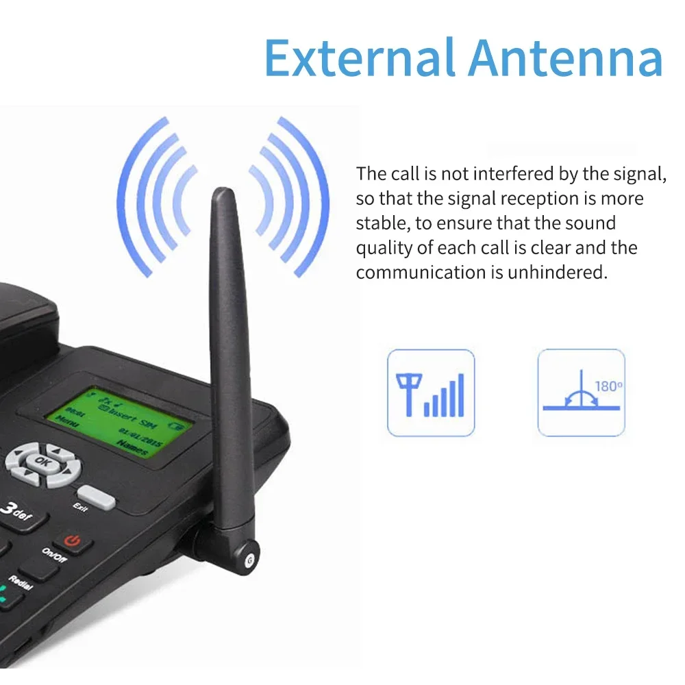 Schnurloses Telefon, Desktop-Telefon, SIM-Karte, 2G, festes kabelloses Telefon mit Antenne, Radio, Wecker, Funktion für den Anruf zu Hause