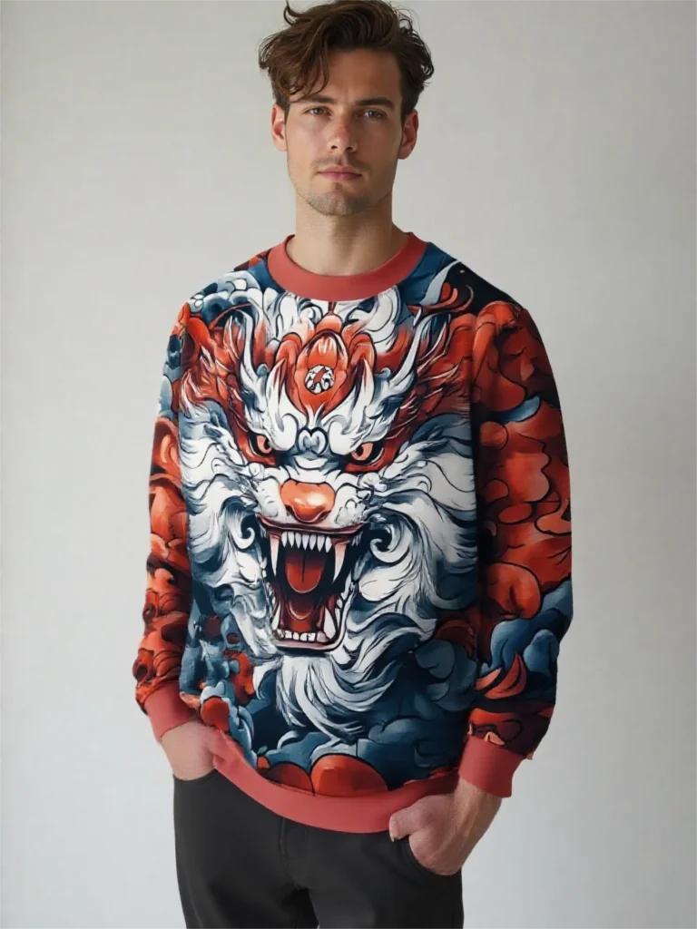 

3D Dragon Printed Sweatshirt For Men Cool Pattern Hoodie Tops Spring Autumn Street Long Sleeved O-Neck Loose Pullovers Clothing