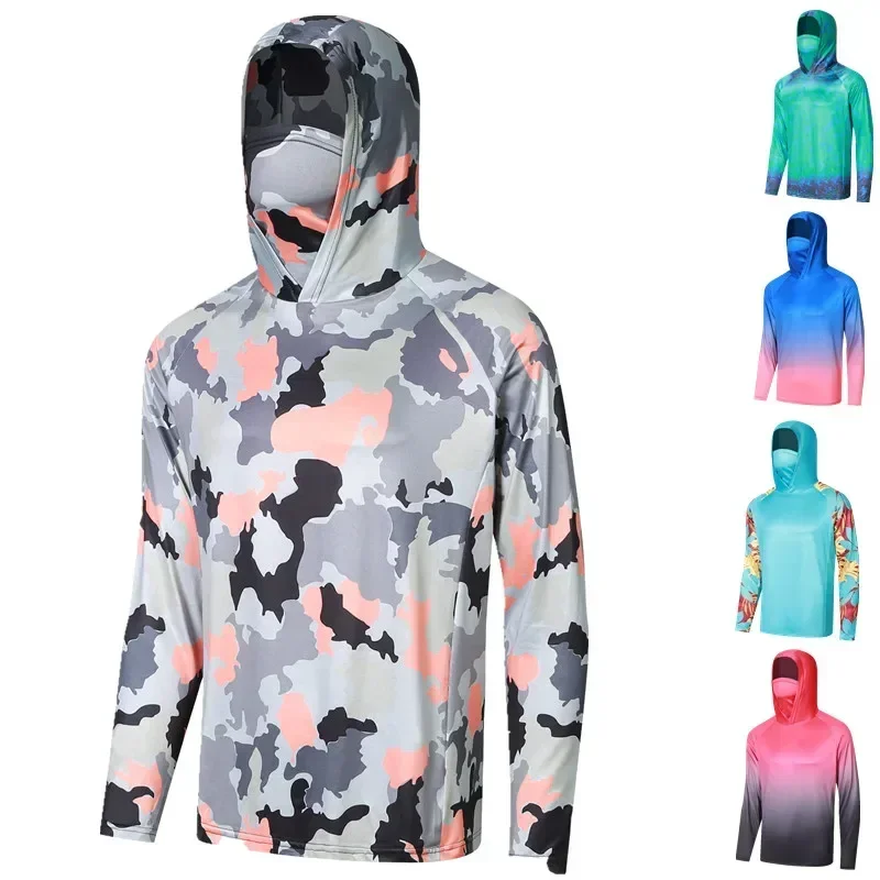 

Camouflage Fishing Shirt Summer Long Sleeve Breathable Hooded Fishing Clothes Face Mask Performance Fishing Wear