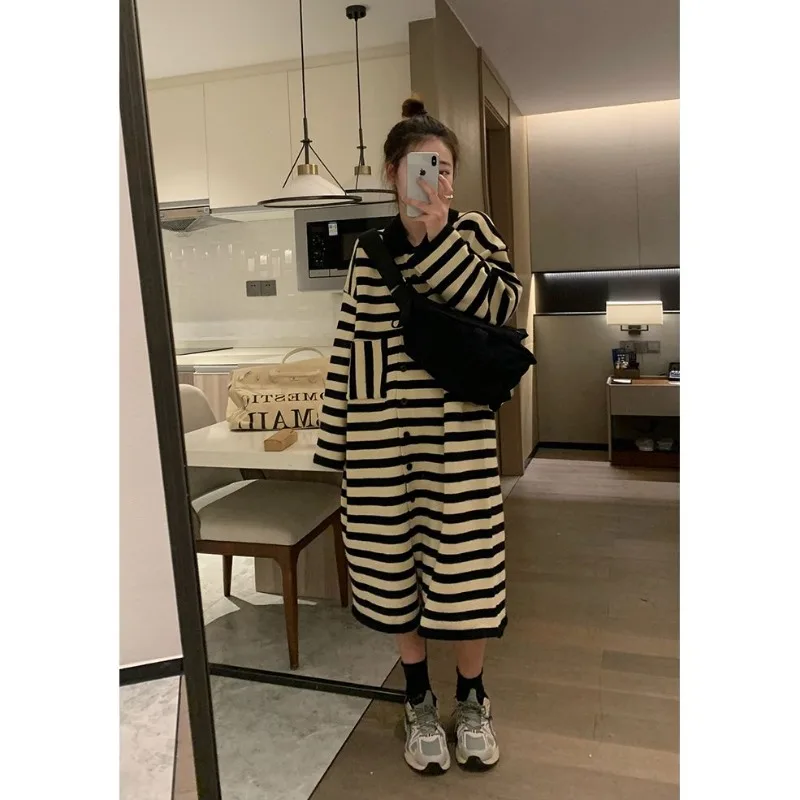 

Black and white striped woolen dress sweater women autumn Korean version long sleeve over knee length pullover knit dress female