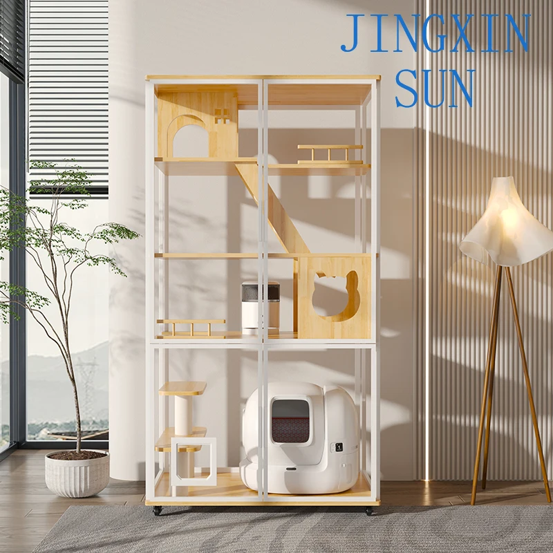 White panoramic cat villa can put automatic cat litter box 360 transparent cage ultra-white glass cabinet indoor