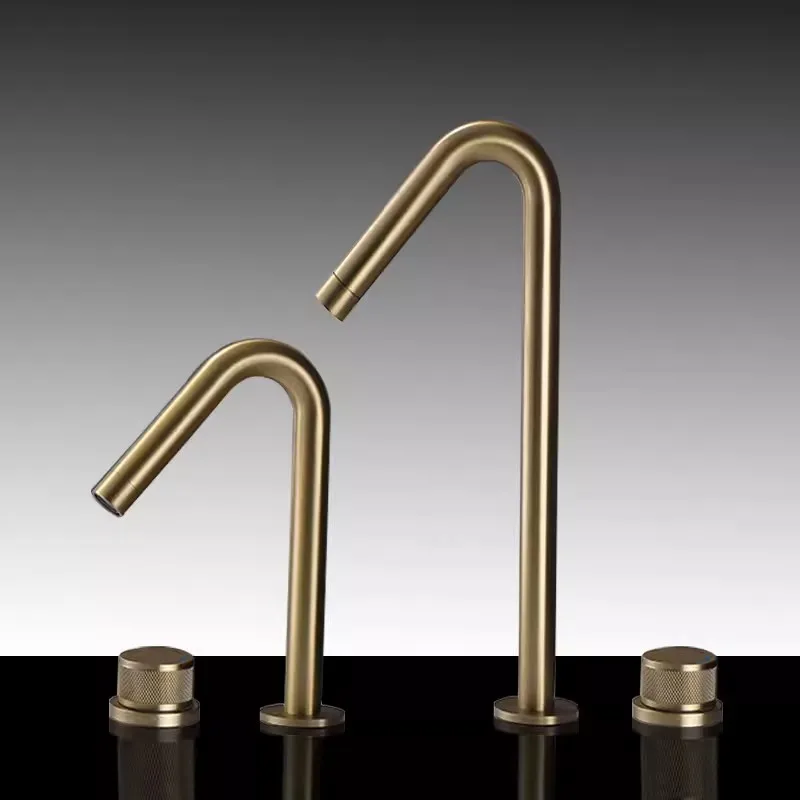 Tuqiu Bathroom Faucet Brass Widespread Brush Gold Basin Brass Sink 2 Hole Hot & Cold Wash Water Tap
