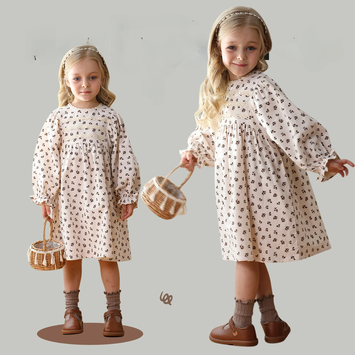 2024 Autumn Forest Style Floral Girls\' Dress Korean Children\'s Round Neck Bat Loose Version Lace Children\'s Dress