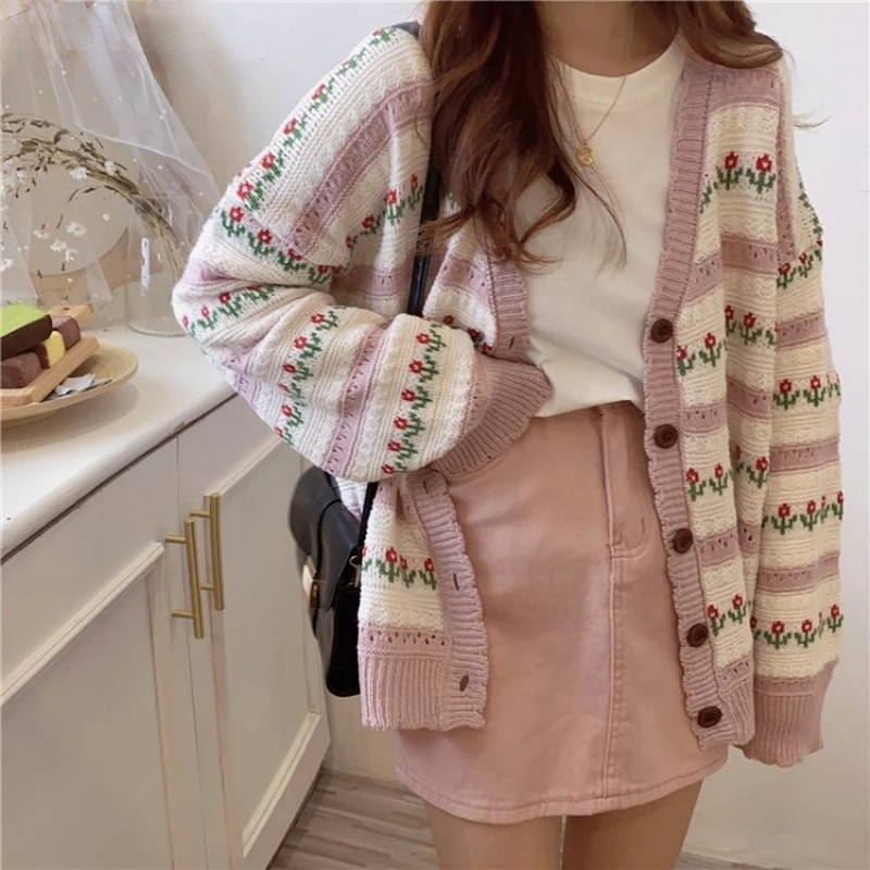 

Autumn New Cardigans Women Japanese Print Spring Lazy Loose Korean Knit Sweater Hollow Out Design Sense Niche Sweet Cool