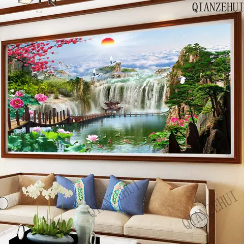 Diamond painting DIY Round Diamond Flowing water Peony Lotus crane Rising Sun Landscape Full rhinestone