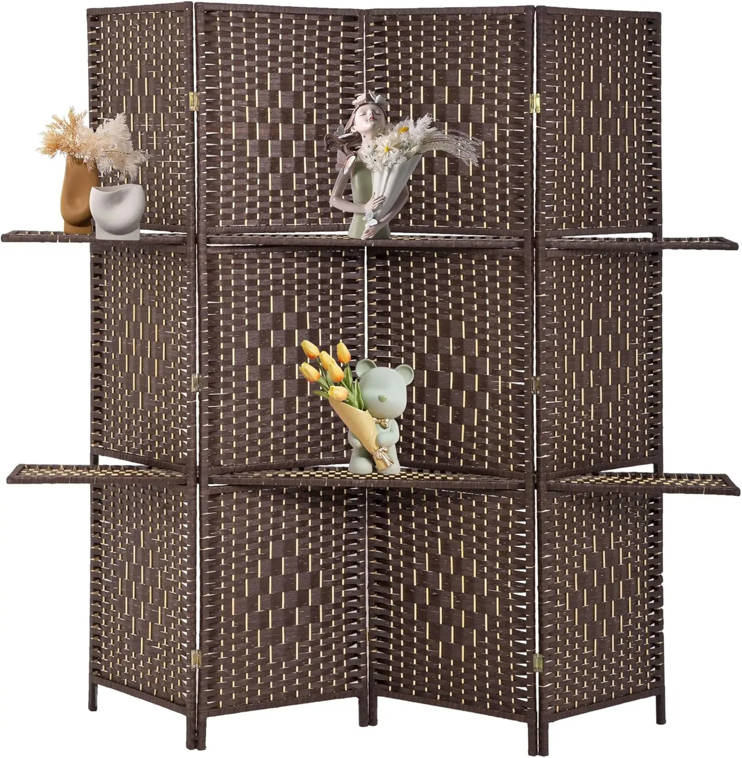 

4-Panel Wooden Room Divider with Removable Shelves, Portable Folding Partition Screen in Brown