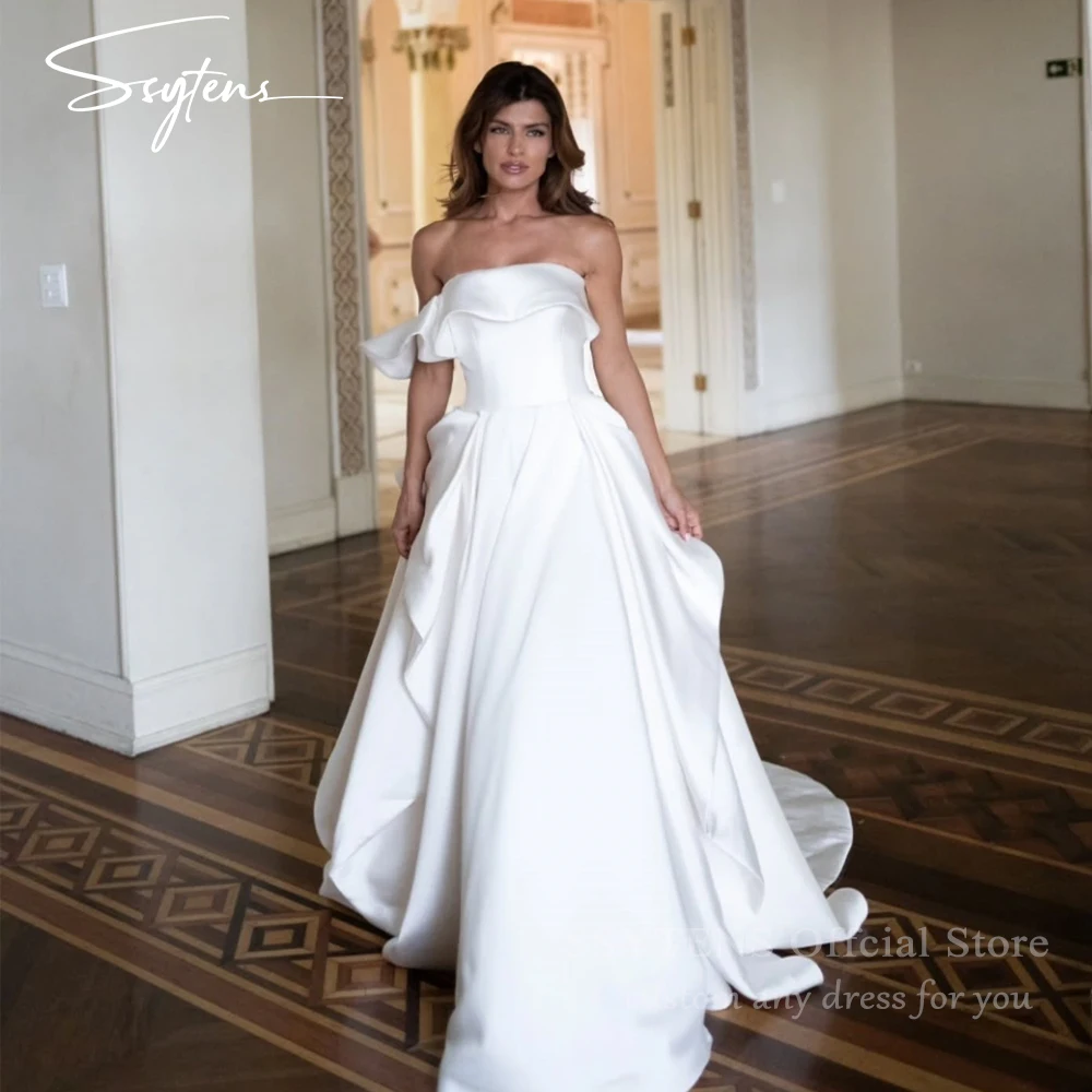 

SSYTENS Luxurious Satin A Line Wedding Dresses One Shoulder Bride Dress Sweep Train Bespoke Princess Vestido De Noiva Customized