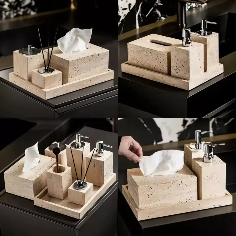 Natural Travertine Modern Polished Bathroom Accessories Beige Vanity Decorations Suitable for Family Hotels