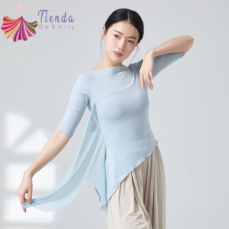 

Modern Dance Top Women Middle Sleeve Gauze Mesh Spliced Blouse Shirt Irregular Hem Training Clothes Line Practice Casual Tee Top