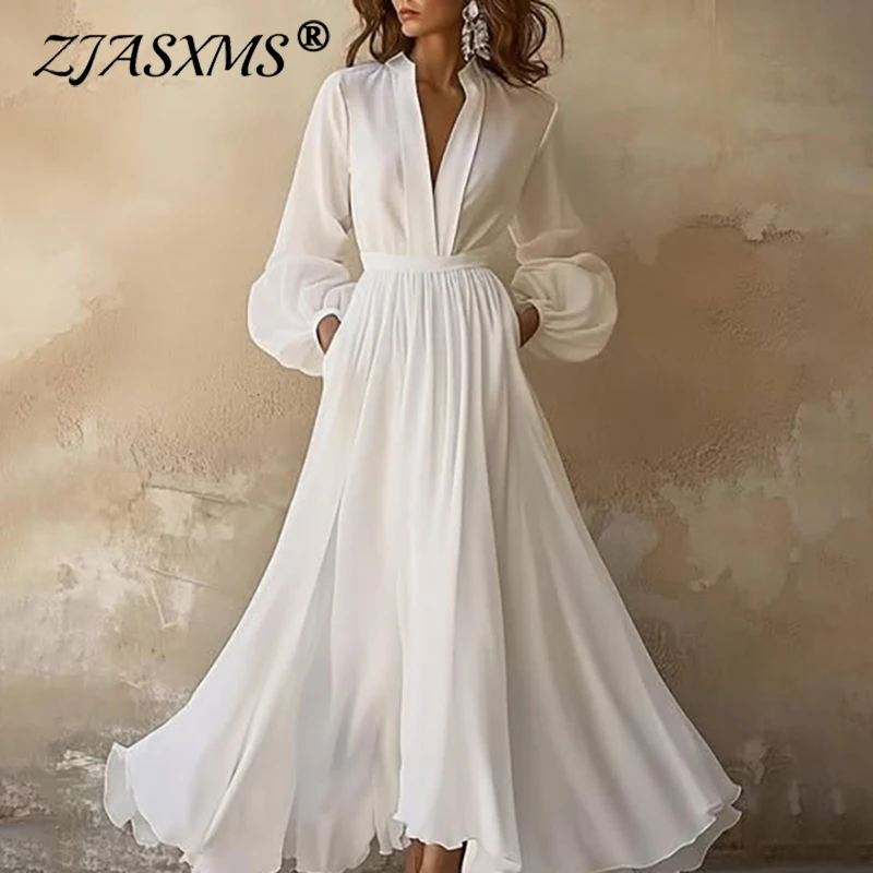 

Robes for Woman Elegant V Neck High Waist Pleated Dresses Spring Solid Hem Banquet Dress Fashion Long Sleeve Loose Holiday Dress