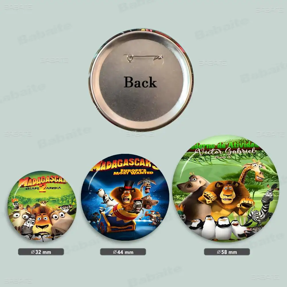 Madagascar Cartoon Anime 32/44/58mm Round Cartoon Brooches Handmade Pins For Backpack Jewelry Accessories Gifts Creative Badge