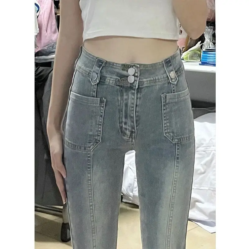 

Женские джинсы с высокой талией и широкими штанинами, утягивающие, весенне-осенние, новые, эластичные, расклешенные, в японском стиле, из хлопкового денима