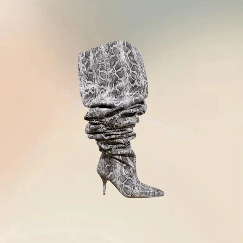 

Gray Pleated Design Snakeskin Print Pointed Toe Boots Slip On Women Shoes Thin High Heels Sexy Banquet 2024 Zapatos Para Mujere