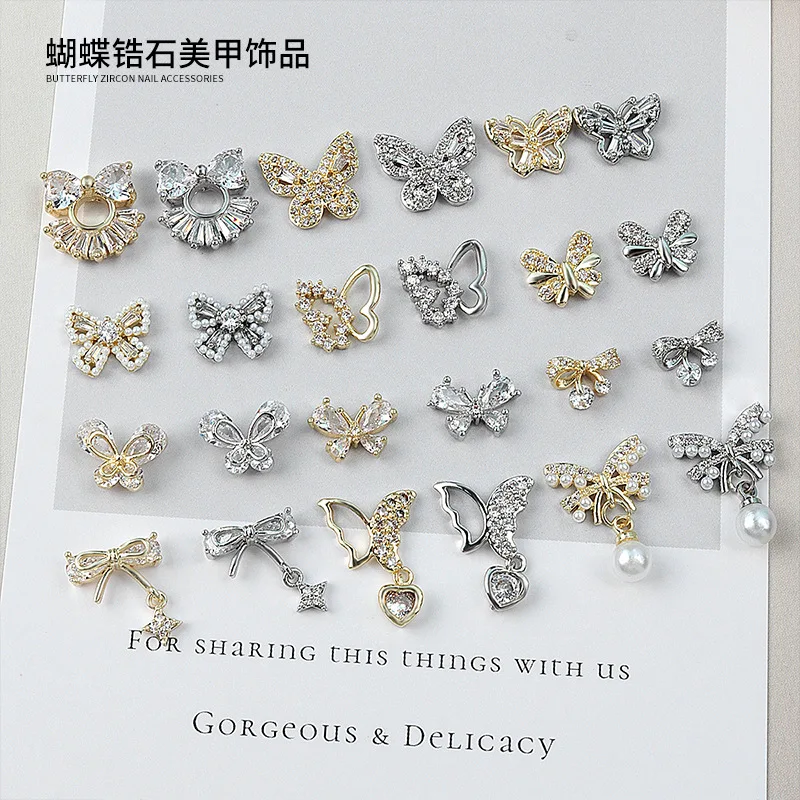 3PCS Luxury Glitter Zircon Butterfly Bow Pearl Pendant Alloy Nail Art Rhinestones Decorations Manicure Top Exquisite Ornaments