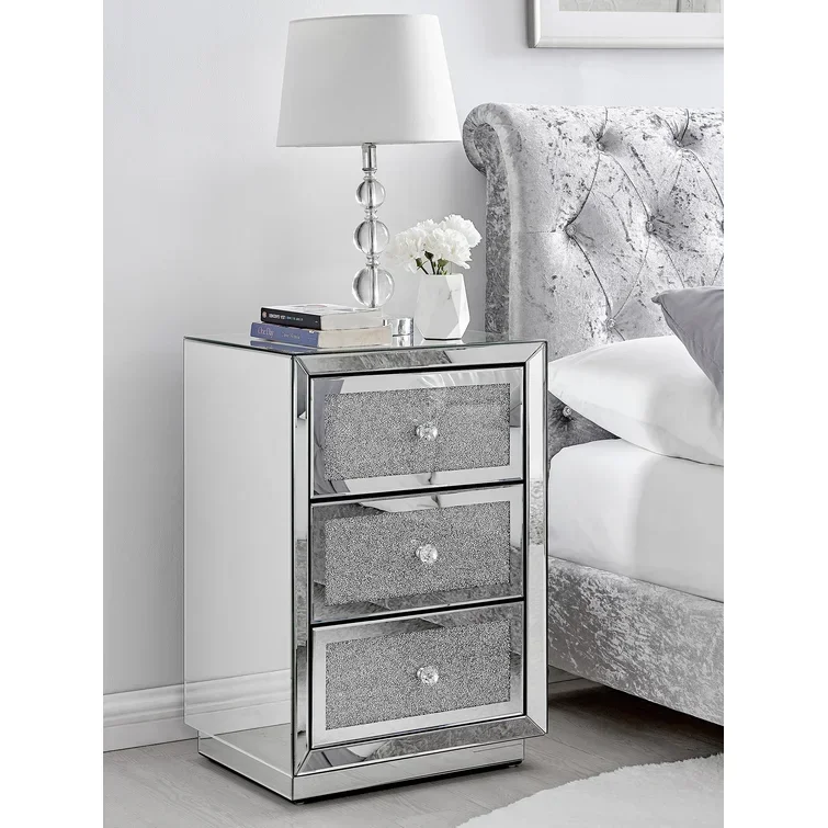 Modern Luxury Crushed Diamond Mirrored 3 Drawer Storage Bedside Table Bed Side Nightstand For Bed Rooms