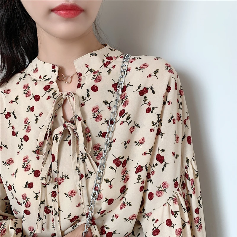 5XL Blouses Women Floral Casual Summer Puff Sleeve Chic Fashion Basic Streetwear Sweet Stand Collar Ulzzang New Elegant Female