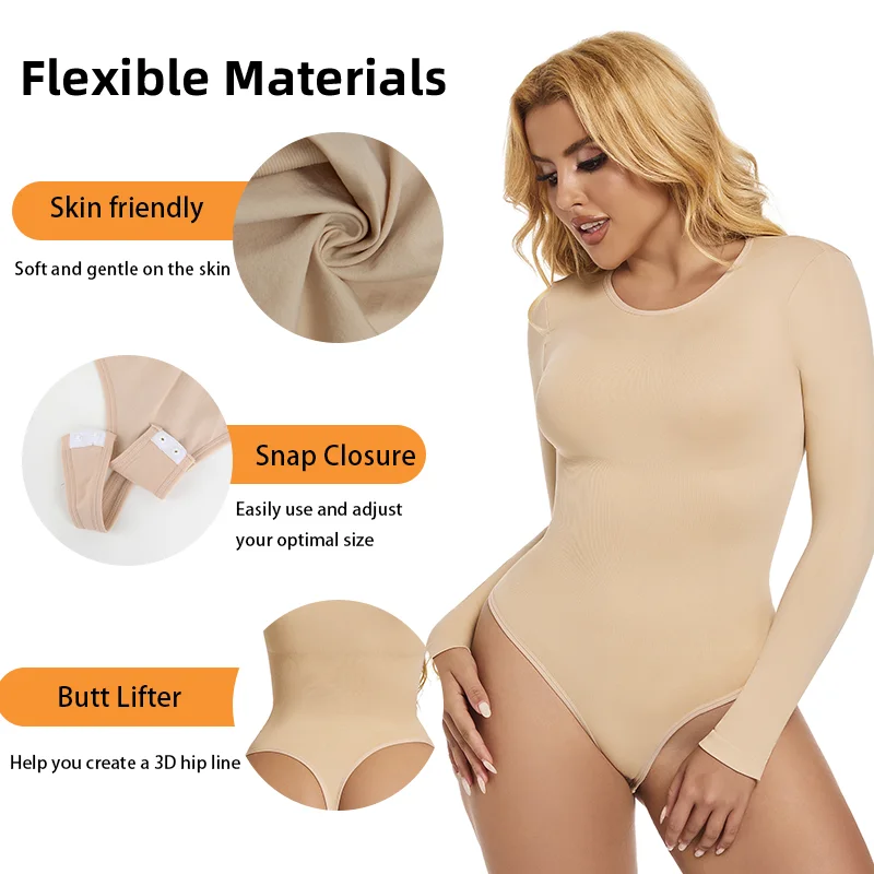 Women Full Body Shaper Long Sleeve Round Neck Shapewear Slimming Breathable Bodysuit Tummy Control Waist Trainer Corset