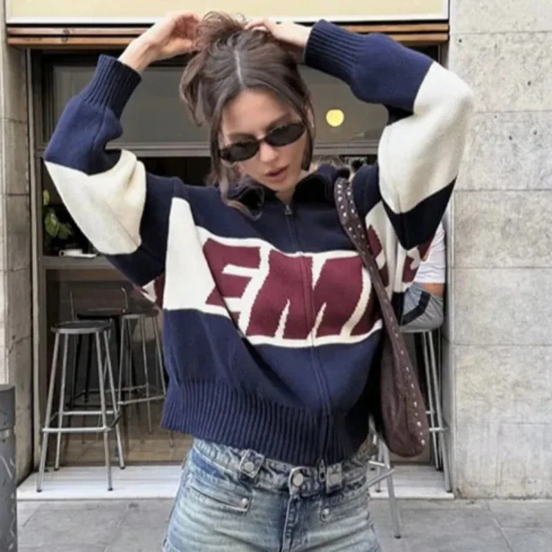 

Fashion Women's Cardigan Stand Collar Full Sleeve Zipper Short Female Cardigans 2025 Autumn Winter Kniting Chic Lady Outwears