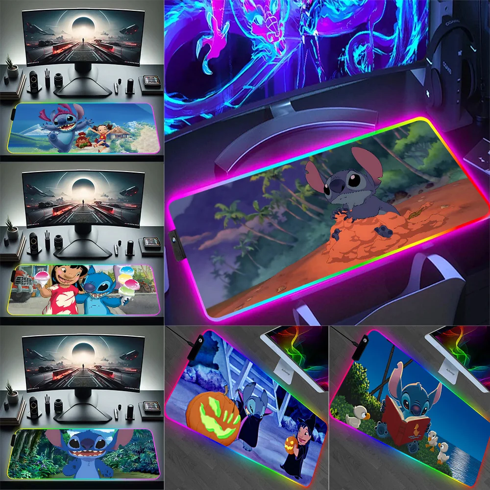 

RGB Cute Stitchs Pc Gamer Keyboard Mouse Pad Mousepad LED Glowing Mouse Mats Rubber Gaming Computer Mausepad