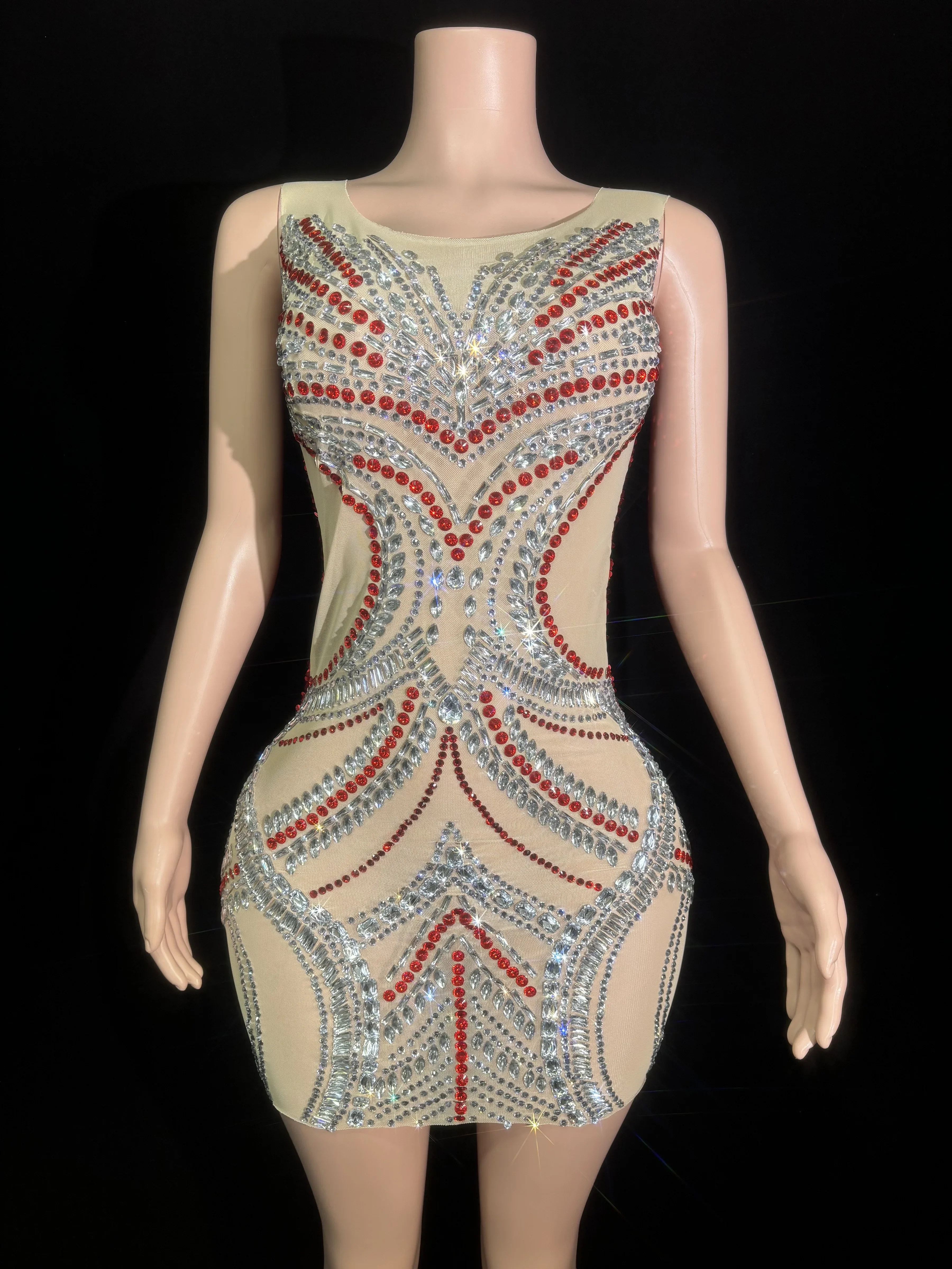 

Women Sexy Sparkly Rhinestones Red Sleeveless Mini Dress Elegant Prom Evening Celebrate Birthday Dress Singer Stage Costume