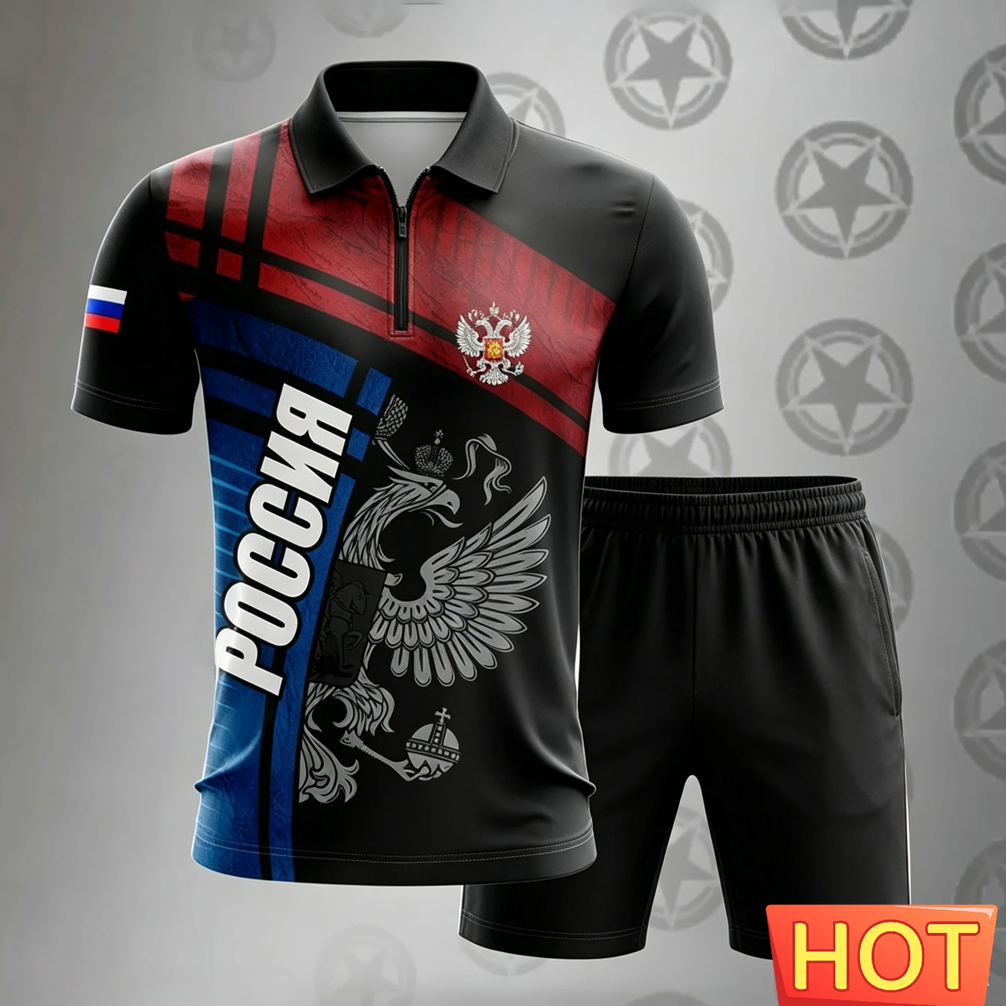 Men's Summer Zip Polo Shirts Set Russia National Emblem Print Short Sleeve Top and Shorts 2 Piece Fashion Casual Suit Man Outfit