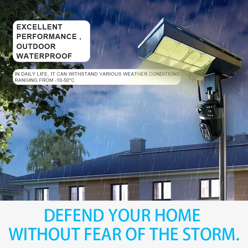 V380 Telecamera alimentata a batteria solare da 4 MP CCTV a energia solare 4G IP PTZ Doppia lente 3 schermi Telecamera e lampione