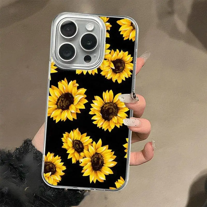 Luxury Case For Apple iPhone 15 11 13 14 Pro Max 12 15 Plus Feather Yarn fashion Bumper Phone Cover Sunflower