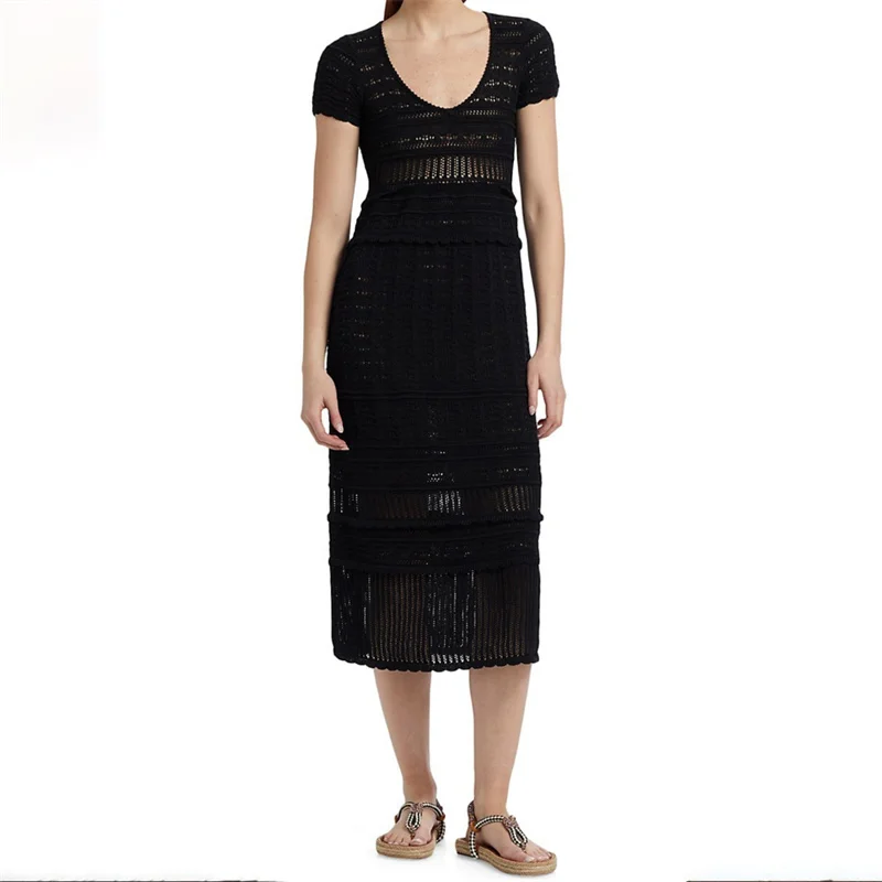 

Womens dresses New elastic knitted slim fit long dresses for summer 2025 Sexy hollow out short sleeved dress y2k party dresses