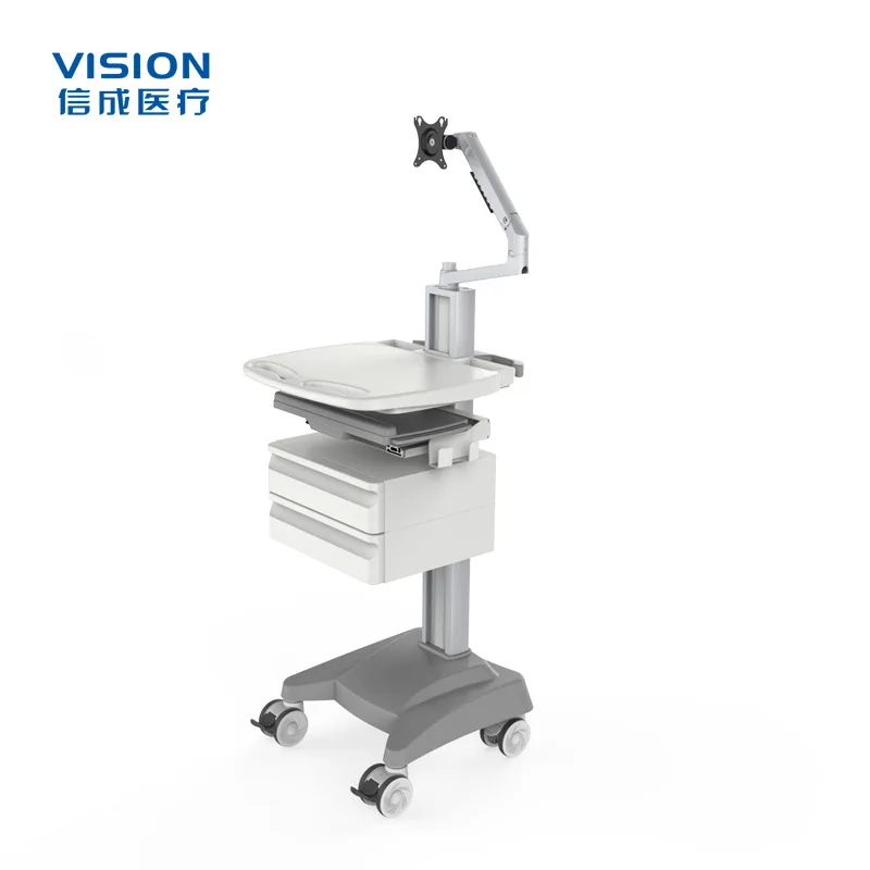 Medical equipment trolley, push-pull handle, including monitor stand work surface